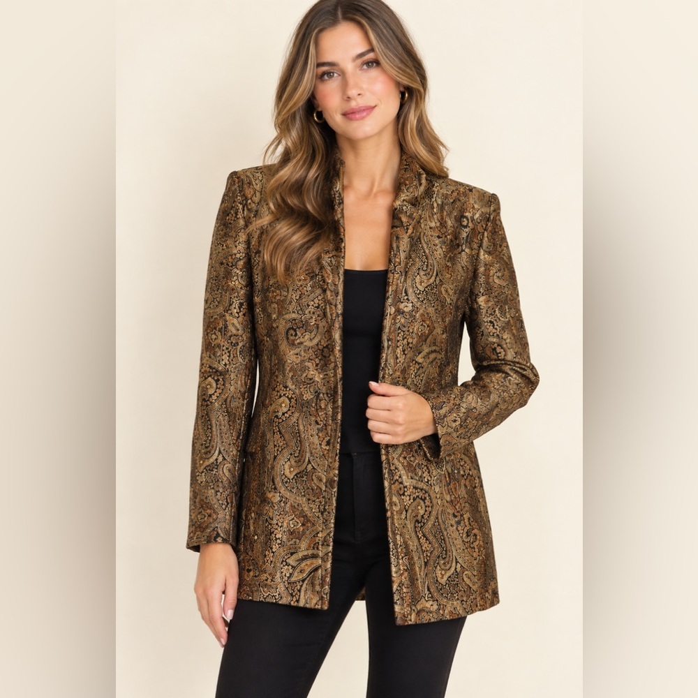 Neiman Marcus Exclusive 100% Silk Paisley Brocade Blazer Size S Gold Black